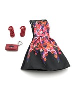 Mattel Barbie Fashions Black Floral Dress With Shoes &amp; Purse 2014 - £8.64 GBP