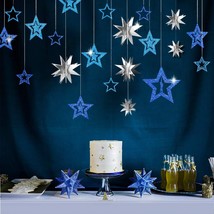 Blue Silver Star Party Decoration Kit Metallic Glitter 3D Star Garland Twinkle L - £20.55 GBP