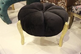 Handmade Wooden Black Round Pouf Ottoman | Velvet Ottoman | Round Pouf - £638.68 GBP