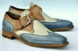 Handmade Men Three tone wing tip brogue shoes, Men designer formal monk shoes - £100.61 GBP
