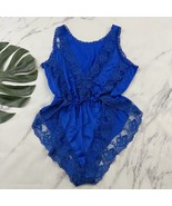 Womens Vintage 80s Lace Trim Bodysuit Size M Bright Blue High Cut One Piece - $527.58 MXN