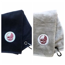 SKULL CRESTED TRI FOLD GOLF TOWEL. BLACK OR GREY. 18 BY 20 INCHES - $14.98