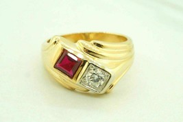 Men&#39;s 14K Yellow Gold Over Simulated Diamond and Red Ruby Wedding Ring Band 2 Ct - £98.08 GBP