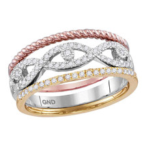 10kt Tri-Tone Gold Womens Round Diamond Stackable Rope Band Ring 3-Piece Set - £420.11 GBP
