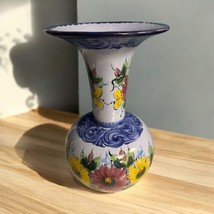 Vintage Alcobaca Portuguese Hand-painted Blue Floral Pottery Vase Large 16” Tall - $49.49