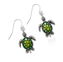 Turtle Earrings - Silvertone Green Sea Turtle Dangle - £49.91 GBP