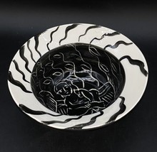 Studio Art Pottery Black &amp; White Abstract Figures Cereal Bowl Artist Signed - £15.15 GBP