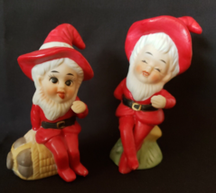 60s Red Pixie Elves Figurine Set 2 Red Ceramic Toadstool UCGC Christmas Taiwan - £31.21 GBP