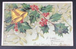 Antique 1906 Merry Christmas Holly &amp; Bells Embossed Postcard Postage Due - £11.25 GBP