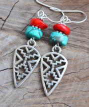 Long tribal earrings, turquoise and coral earrings, Boho earrings (E903) - £13.58 GBP