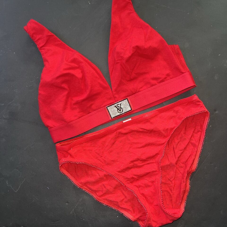 Victoria&#39;s Secret 34C 34D 36B M BRA BRALETTE SET+Panty RED SHINE STRAP C... - $49.49