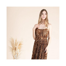  Leopard Print Dress   Spaghetti Strap Belted Pleated Brown &amp; Tan Trendi... - £34.06 GBP