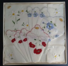 Embroidered Swiss Cotton Hankies Blue Red Flowers Shower Wedding NIB Lot 3 VTG - £19.14 GBP