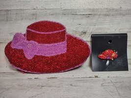 Red Hat Society Beaded Coin Purse w/ Rhinestone Brooch Pin Red Purple *READ* - £4.24 GBP