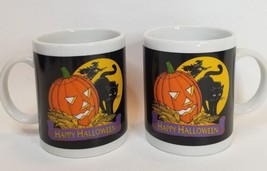 Happy Halloween Mug Cup Black Cat Moon Pumpkin Maize Set of 2 Vintage - £12.41 GBP