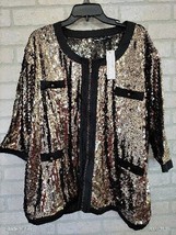 NEW Michael Simon Gold Black Sequin Zip Front Blouse Cardigan Jacket Size 3XL - £35.04 GBP