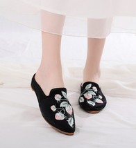 Veowalk Flower Embroidery Women Cotton Fabric Flat Mules Slippers Close Pointed  - £21.97 GBP