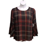 Susan Graver Top Womens Size 10 Black Plaid Pleated Bell Sleeve Blouse  - $12.87