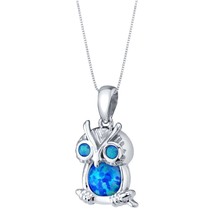 Sterling Silver Created Blue Opal Mini Owl Pendant Necklace - £68.14 GBP