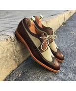 Beige Brown Wing Tip Rounded Toe Men Premium Leather Customized Derby Shoes - $149.99+