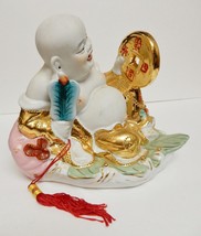 Chinese Laughing Happy Buddha Statue Figure Ceramic Porcelain Gilt 7&quot; VINTAGE - £99.79 GBP