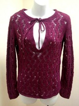 Ann Taylor XS Top Purple Crochet Open Weave Knit Keyhole Tie Neck Sweater - £11.60 GBP