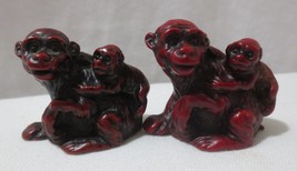 Pr Vtg Monkies Figurines Chinese Red Cinnabar Cast Resin Mommas &amp; Babys - £11.92 GBP