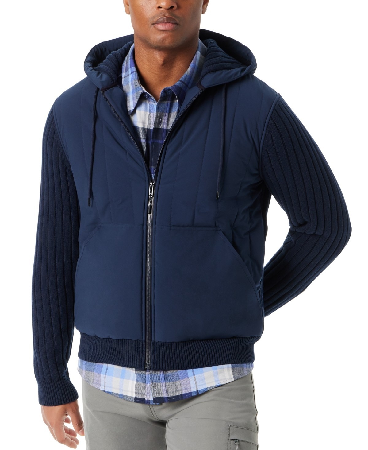 Bass Outdoor Sweater Jacket Mens Medium Navy Blaze Mixed Media Zip-Front Hooded Item image 6
