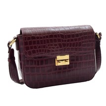 DR297 Women&#39;s Cross Body Bag Croc Print Handstitched Leather Handbag Bordo - £50.39 GBP