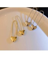 14K Gold Safety Pin Earrings, Heart Pin Earrings, Heart Safety Pin Earri... - £15.70 GBP