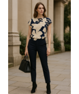 Reiss Poppy Print Floral Top Size Small Navy Cream Short Sleeve Stretch ... - €47,27 EUR