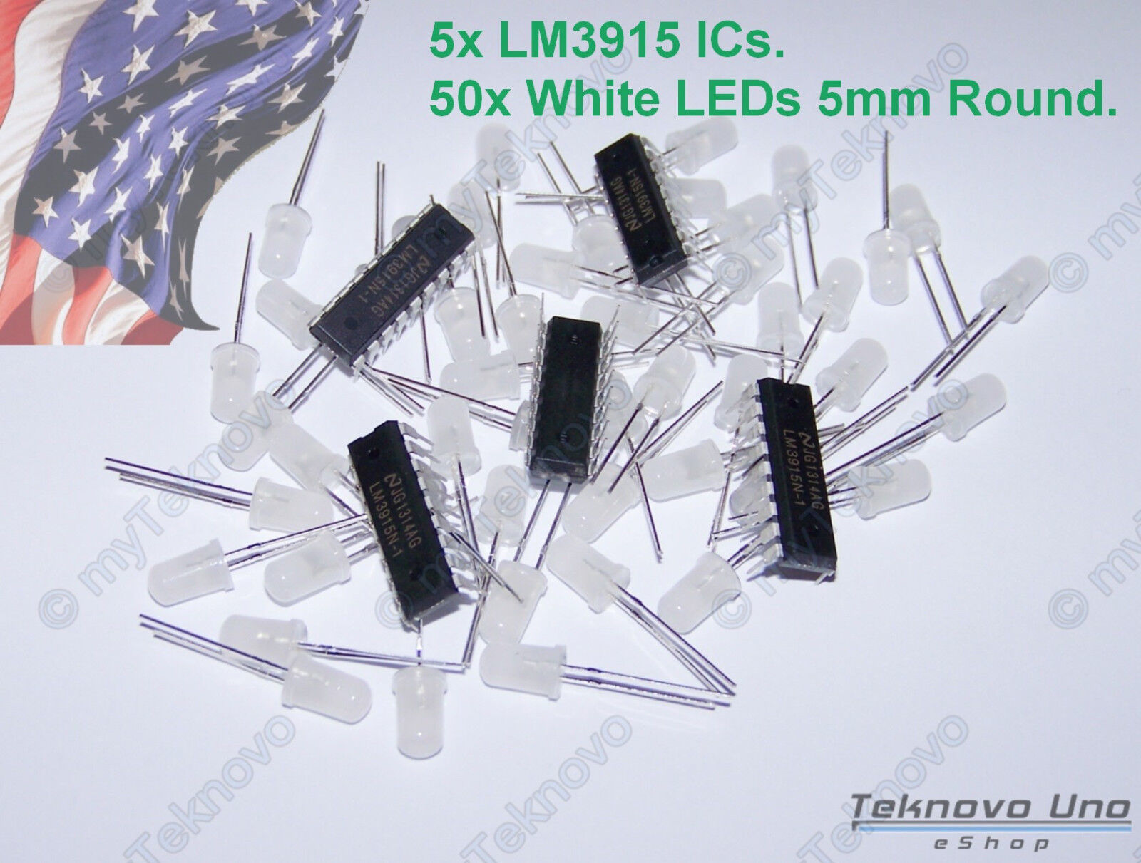 Primary image for 5x LM3915 IC Bargraph Dot Driver + 50x WHITE Diffused Round 5mm LED - USA