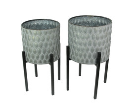 Set of 2 Galvanized Zinc Finish Leaf Pattern Metal Planters With Wooden Stands - £77.52 GBP