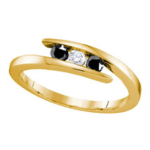 Yellow-tone Sterling Silver Round Black Diamond 3-stone Bridal Wedding Ring - £95.12 GBP