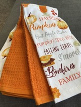 LA CUISINE KITCHEN TOWELS (4) WHITE RUST WAFFLE PUMPKINS 18 X 28 100% CO... - £18.95 GBP