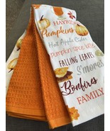 LA CUISINE KITCHEN TOWELS (4) WHITE RUST WAFFLE PUMPKINS 18 X 28 100% CO... - £17.75 GBP