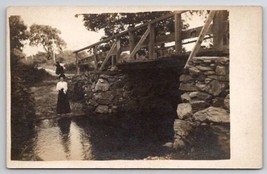 RPPC Lovely Old Victorian Woman Edge Creek Stone Pillar Wood Bridge Postcard G24 - £11.71 GBP