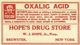 1 Vintage Pharmacy Label OXALIC ACID w/ Skull Bones Hopes Drug Store Brewster NY - £29.97 GBP