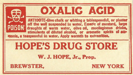 1 Vintage Pharmacy Label OXALIC ACID w/ Skull Bones Hopes Drug Store Brewster NY - $29.48