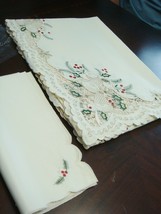 Christmas  tablecloth FRANCO DAMASK, 79x70 [23c]CREAM bells and poinsett... - $44.55