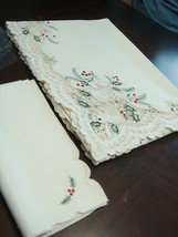 Christmas  tablecloth FRANCO DAMASK, 79x70 [23c]CREAM bells and poinsett... - £35.30 GBP