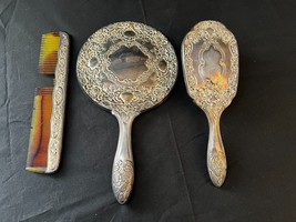 Vintage Silver Plated Rose Scroll Hand Mirror Brush and Comb Vanity Set ... - £23.92 GBP