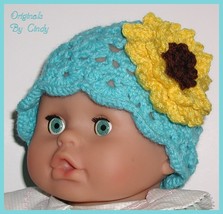 Turquoise Baby Girls Hat With Bright Yellow Sunflower Brown Center 6-12 Months - £10.22 GBP