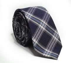 DKNY Men Slim Dress Tie Wool Blend Navy Blue Plaid Print 2.5&quot; wide 60&quot; long  - £20.54 GBP