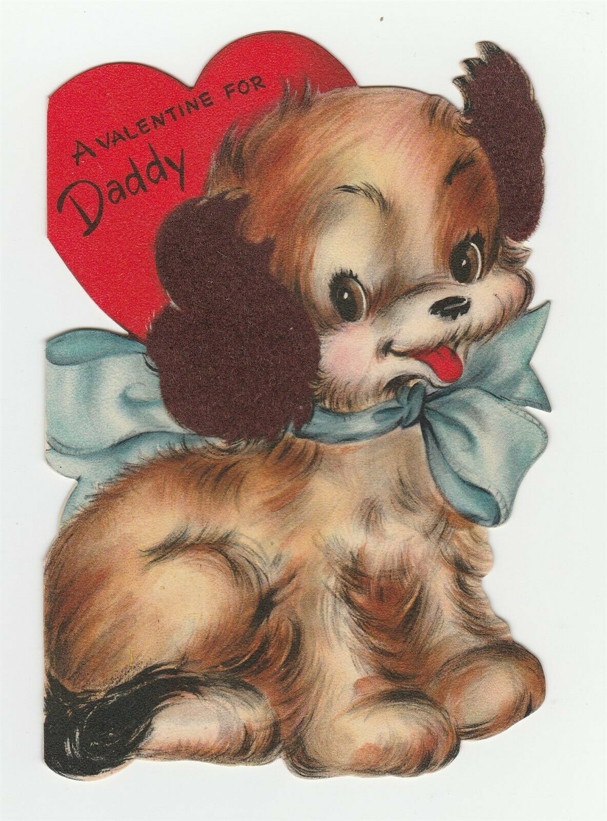 Primary image for Vintage Valentine Card Cocker Spaniel Puppy Flocked Ears Blue Bow Hallmark