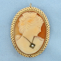 Large Vintage Diamond Cameo Pendant or Pin in 14K Yellow Gold - £592.86 GBP