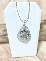 New Boxed 18&quot; Sterling Plated Necklace Genuine Light Grey Sea Glass &amp; Sunflower - £11.57 GBP