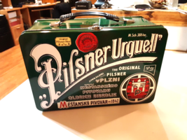 Pilsner Urquell Tin Box Lunchbox Large Size 7&quot; x 10.5” Green Empty - £22.99 GBP