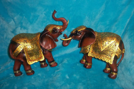 2 Indian Elephant Figurine Statues -Brown W/ Gold Tusks Trunk Up - Good Luck - £14.94 GBP
