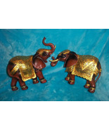 2 Indian Elephant Figurine Statues -Brown W/ Gold Tusks Trunk Up - Good ... - £15.01 GBP